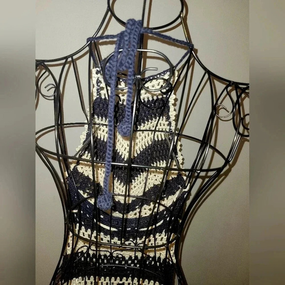 HERA Crochet Open Knit Halter Maxi Dress navy white stripe Wmns S Beach Pool NWT - Picture 2 of 7